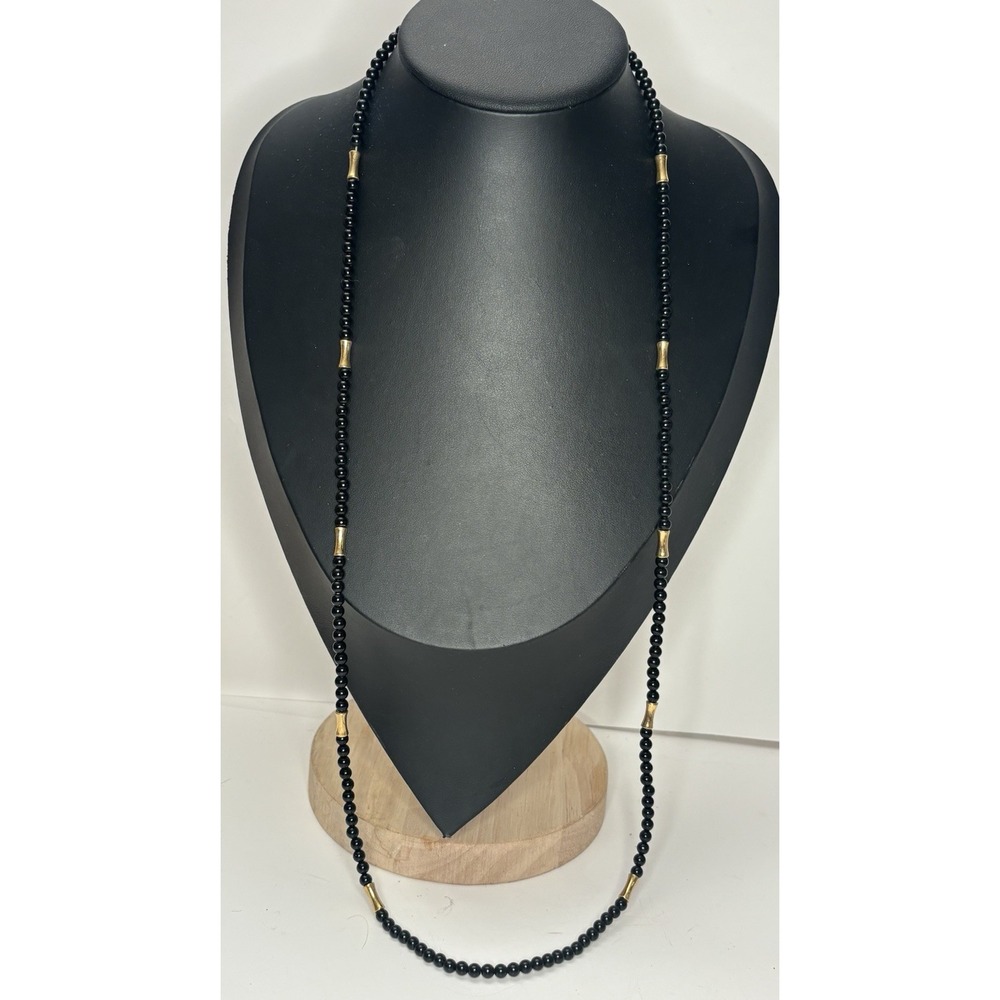 Vintage Trifari Black Bead Necklace 30" Gold Tone Spacers Signed